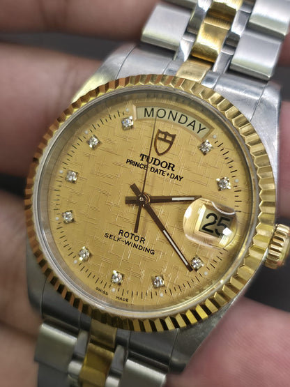 Vintage Tudor Prince Day Date 36mm Diamond Dial Automatic Mens Watch G/P