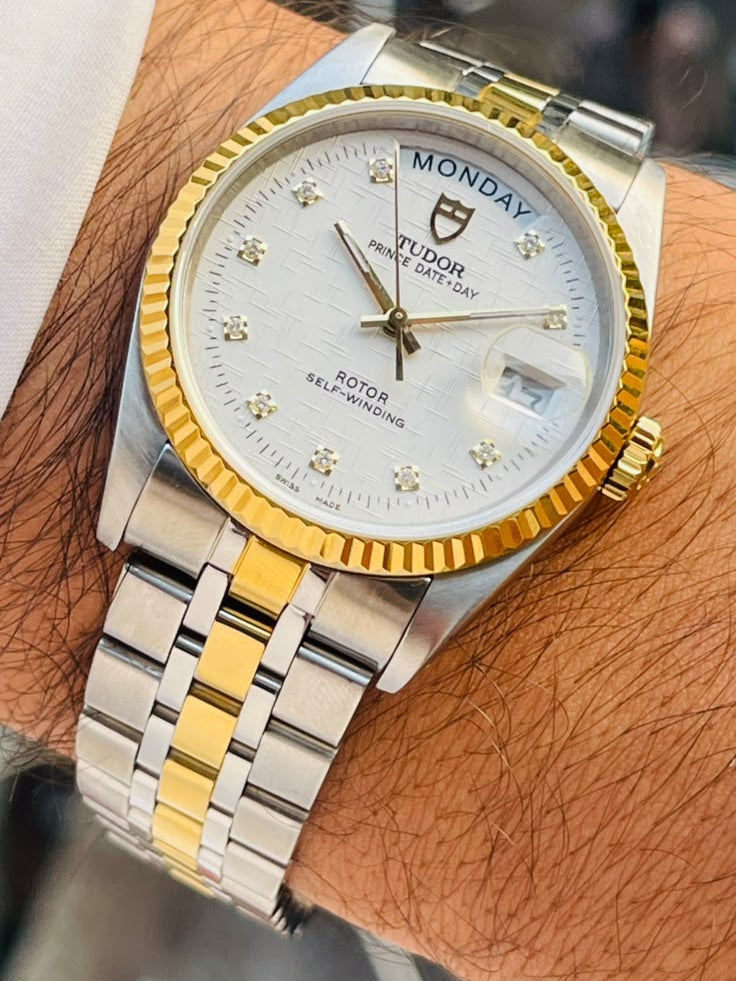 Vintage Tudor Prince Day Date Linen 36mm Diamond Dial Automatic Mens Watch G/P
