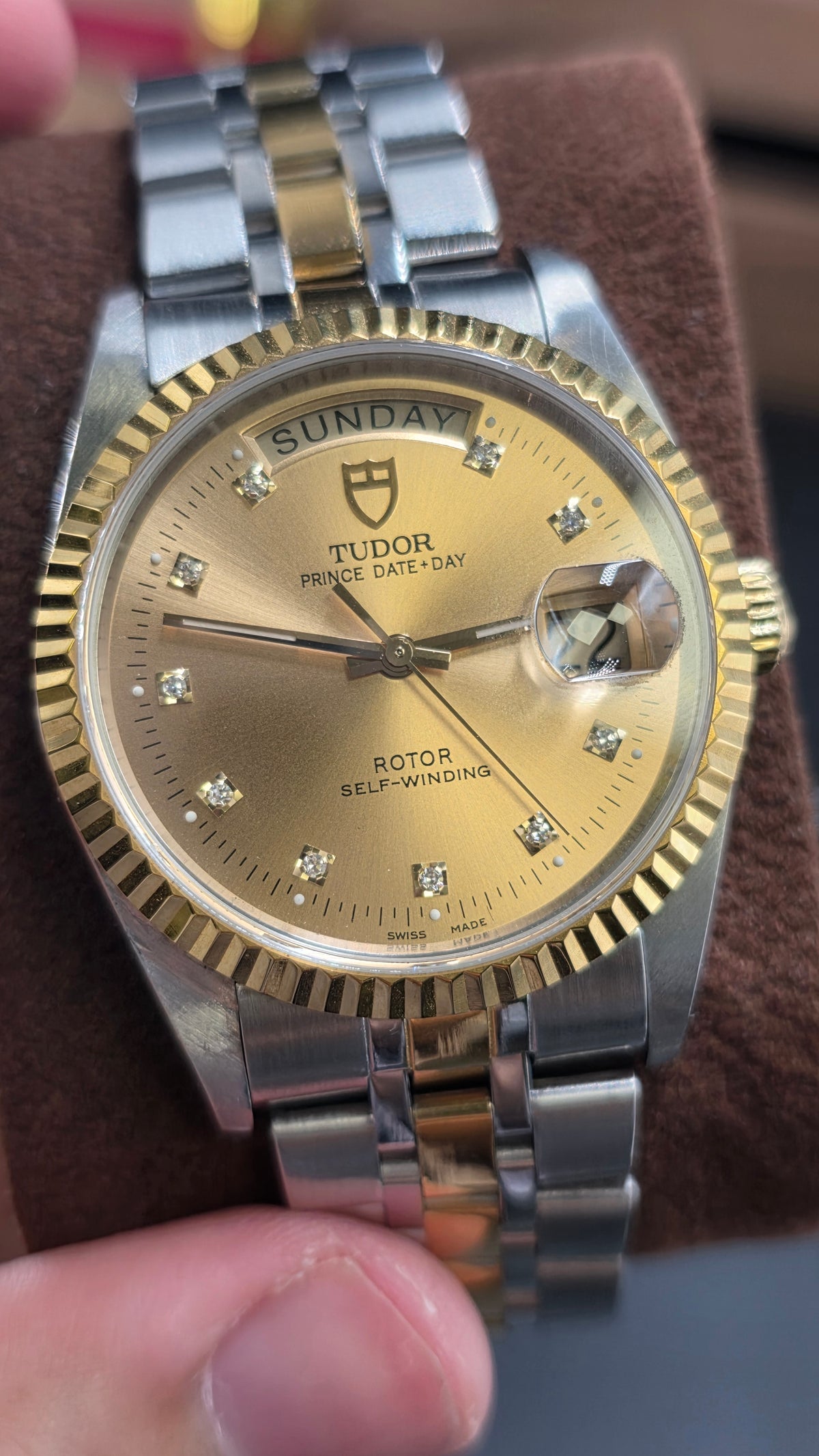 Tudor Prince Day Date Gold Diamond Dial 36mm Fluted Bezel Mens Watch