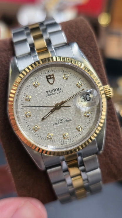 Vintage Tudor Prince Date Linen 34mm Linen Diamond Dial Automatic Mens Watch G/P