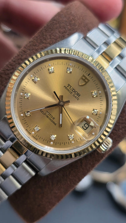 Vintage Tudor Prince Date 34mm Gold Diamond Dial Automatic Mens Watch G/P