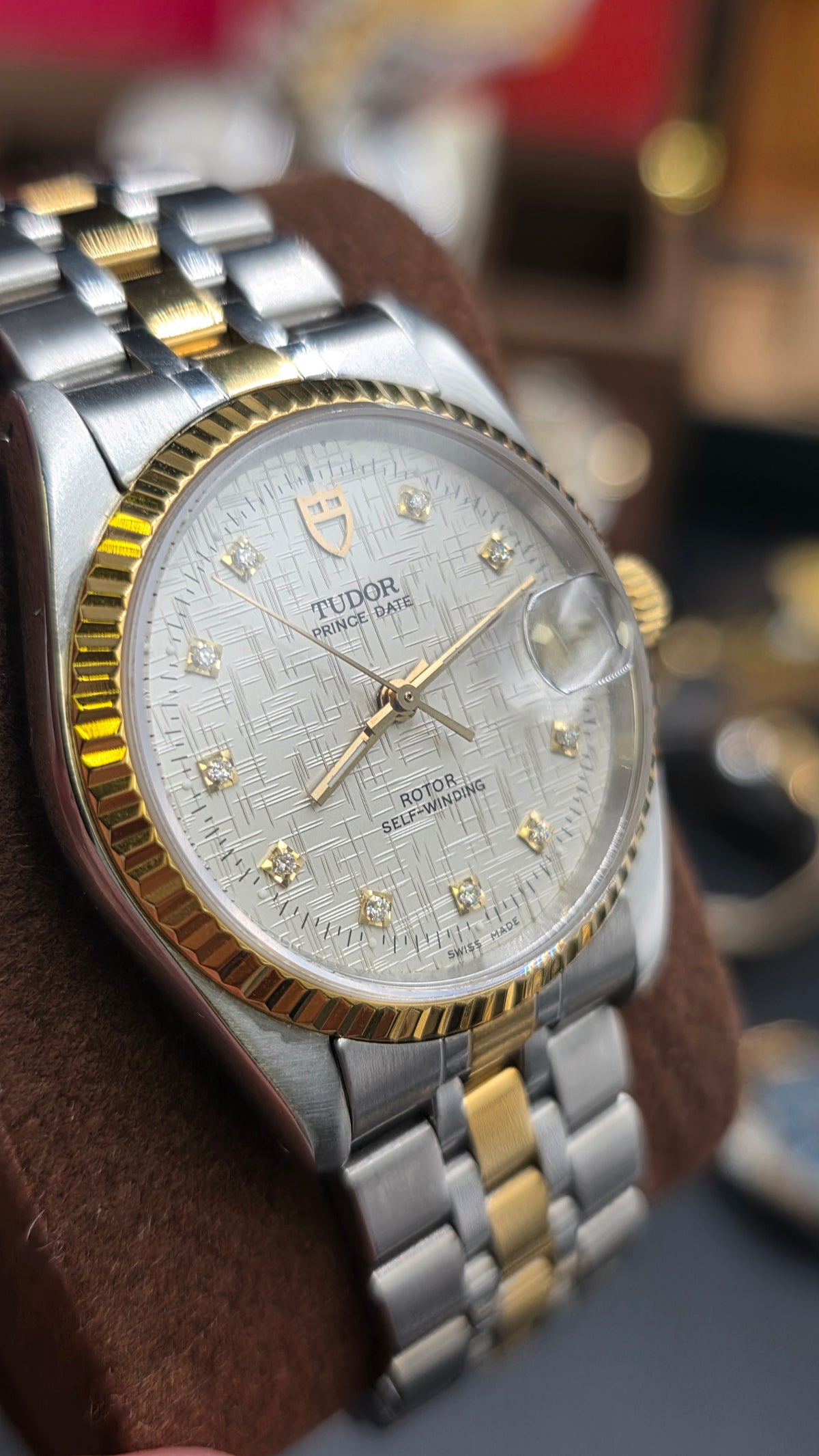 Vintage Tudor Prince Date Linen 34mm Linen Diamond Dial Automatic Mens Watch G/P