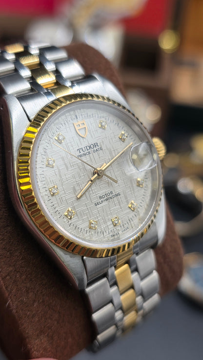 Vintage Tudor Prince Date Linen 34mm Linen Diamond Dial Automatic Mens Watch G/P