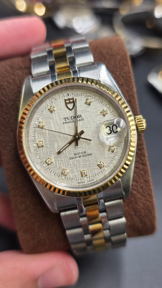 Vintage Tudor Prince Date Linen 34mm Linen Diamond Dial Automatic Mens Watch G/P