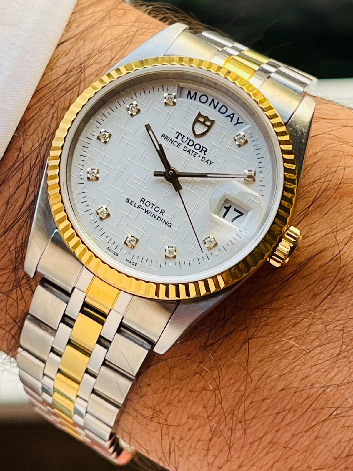 Vintage Tudor Prince Day Date Linen 36mm Diamond Dial Automatic Mens Watch G/P