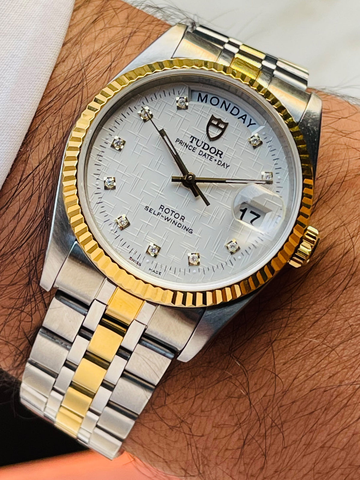 Vintage Tudor Prince Day Date Linen 36mm Diamond Dial Automatic Mens Watch G/P
