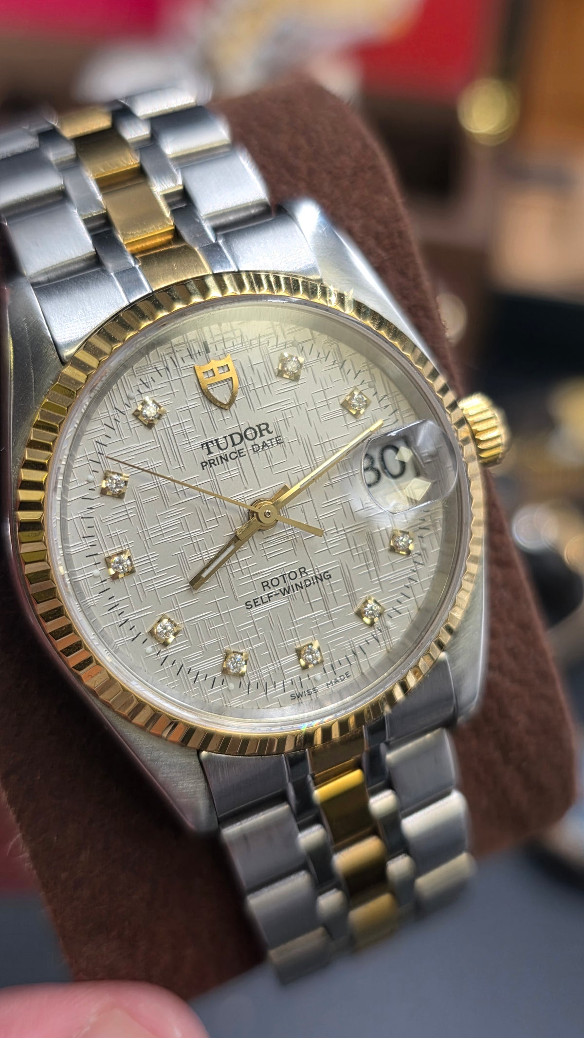 Vintage Tudor Prince Date Linen 34mm Linen Diamond Dial Automatic Mens Watch G/P