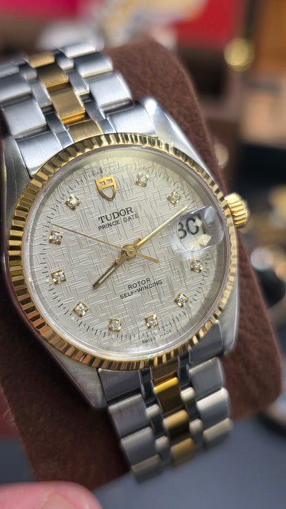 Vintage Tudor Prince Date Linen 34mm Linen Diamond Dial Automatic Mens Watch G/P