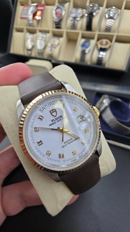 Tudor Prince Day Date Roman Diamond Dial 36mm 18k Solid Gold Fluted Bezel Mens Watch