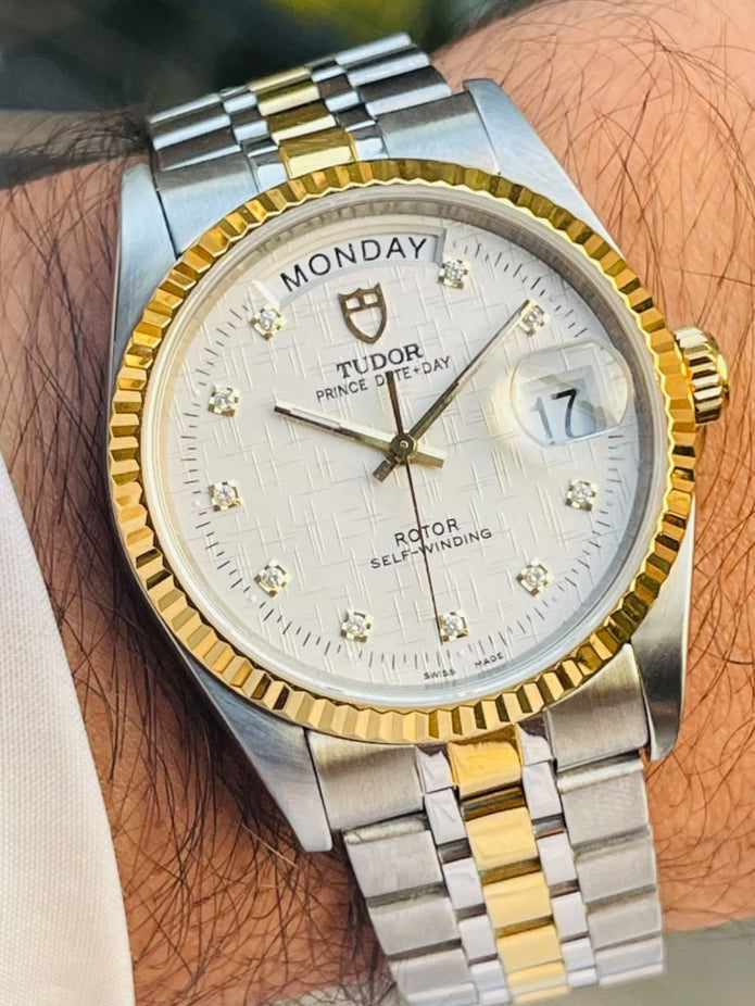 Vintage Tudor Prince Day Date Linen 36mm Diamond Dial Automatic Mens Watch G/P