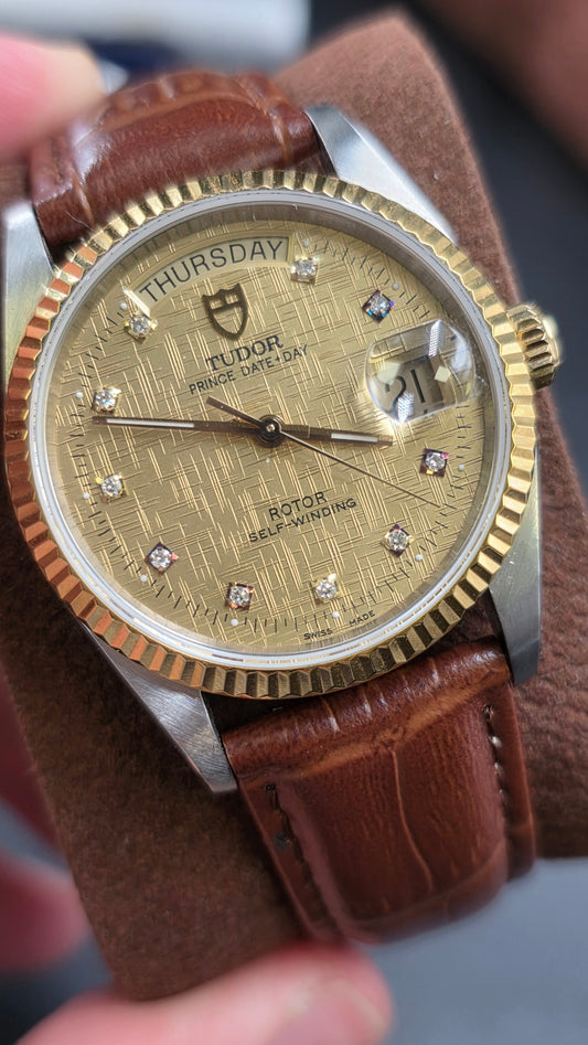 Vintage Tudor Prince Day Date 36mm Olive Diamond Dial Automatic Mens Watch G/P