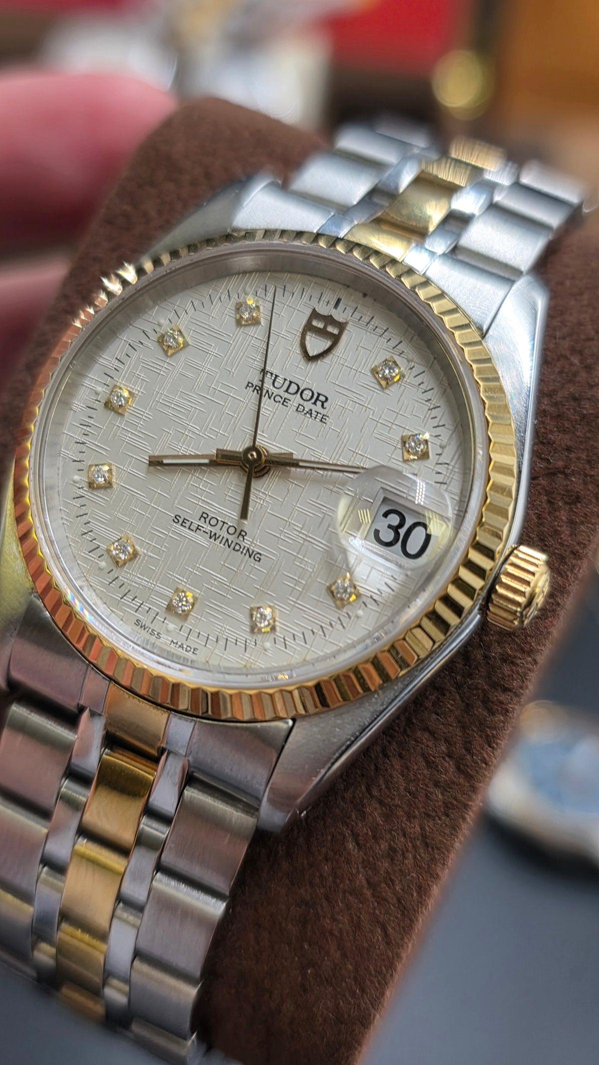 Vintage Tudor Prince Date Linen 34mm Linen Diamond Dial Automatic Mens Watch G/P