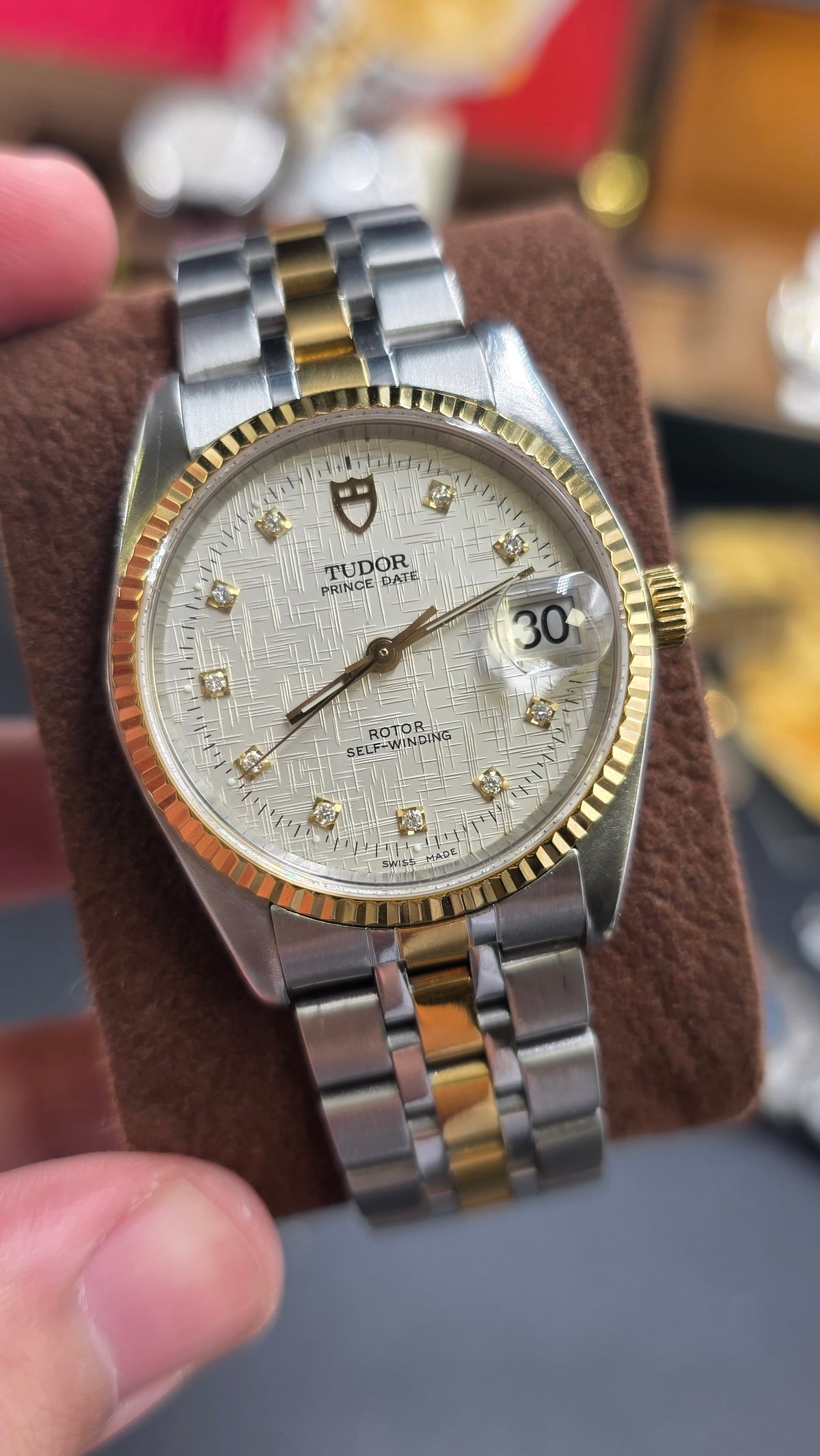 Vintage Tudor Prince Date Linen 34mm Linen Diamond Dial Automatic Mens Watch G/P