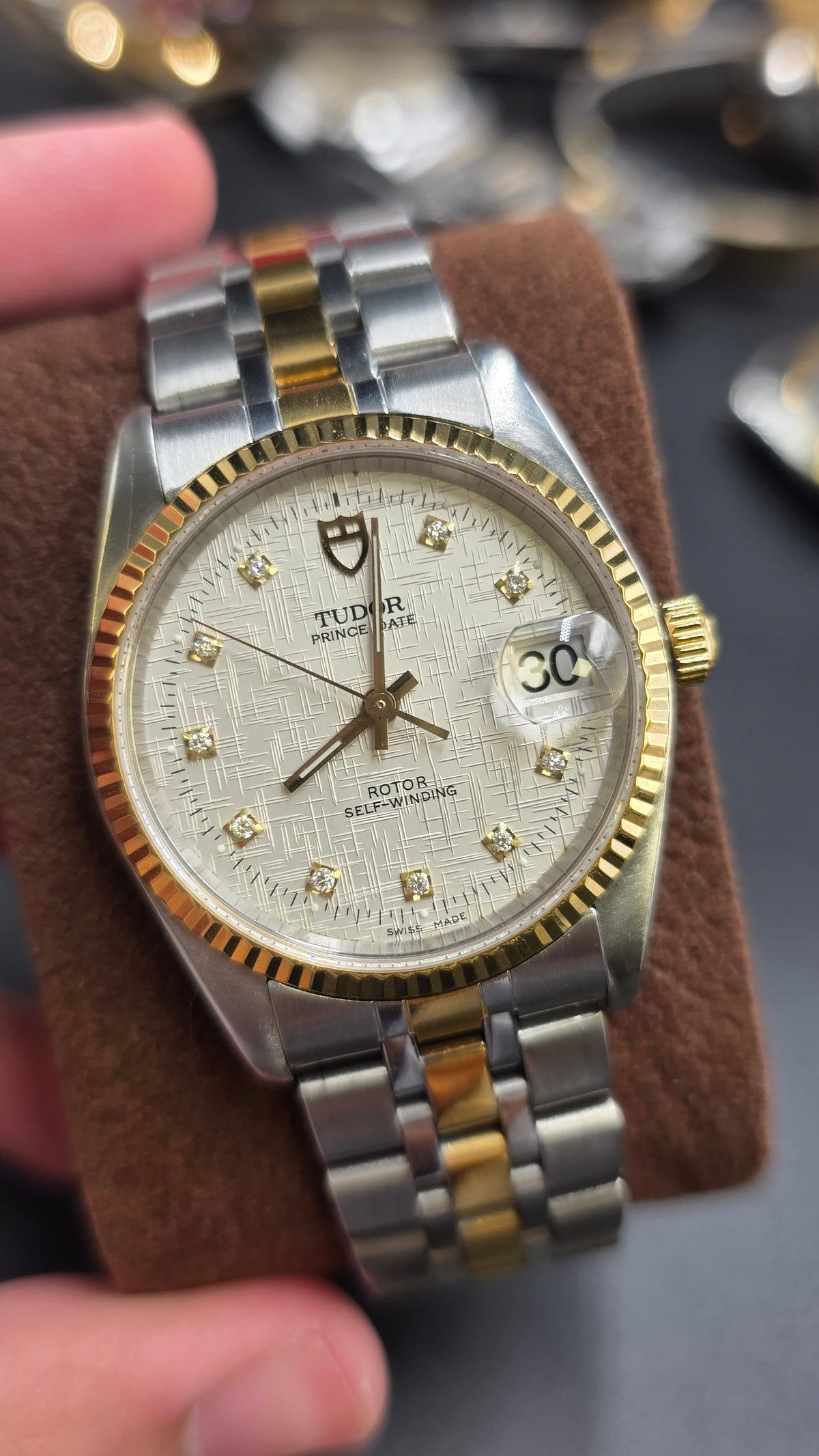 Vintage Tudor Prince Date Linen 34mm Linen Diamond Dial Automatic Mens Watch G/P