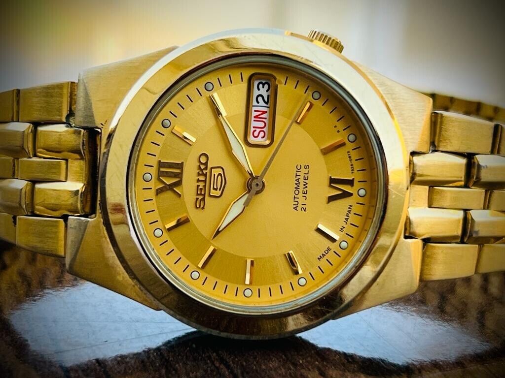 Seiko 5 Automatic 21 Jewels All Gold 7S26-02V0 35mm Men’s Watch - Grab A Watch Co