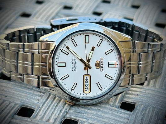 Seiko 5 Automatic 21 Jewels white dial Ref:7S26-03B0, Japan 36mm - Grab A Watch Co