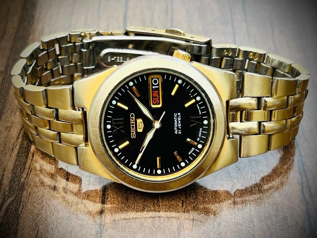 Seiko 5 Automatic Gold Plated Black Dial 35mm 7s26-02v0 Japan Made Gents Watch