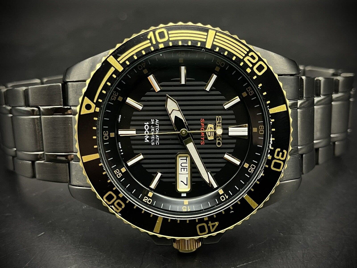 Seiko 5 Sports 100m 4R36-03J0 Monster Black Dial, Automatic Gents Watch Genuine - Grab A Watch Co