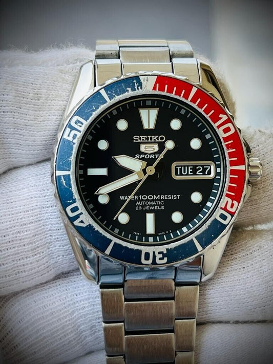 Seiko 5 Sports 100m Black Dial Diver Pepsi Bezel Automatic Gents Watch Genuine - Grab A Watch Co