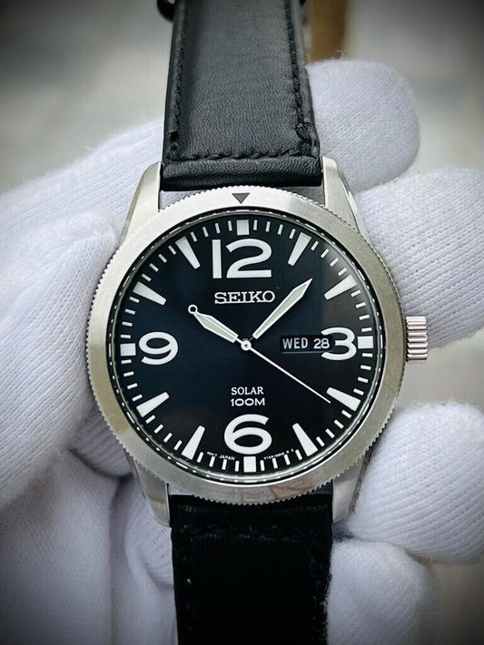 Seiko Solar 100m Military Style Black Dial Quartz 43mm Men’s Watch, Japan - Grab A Watch Co