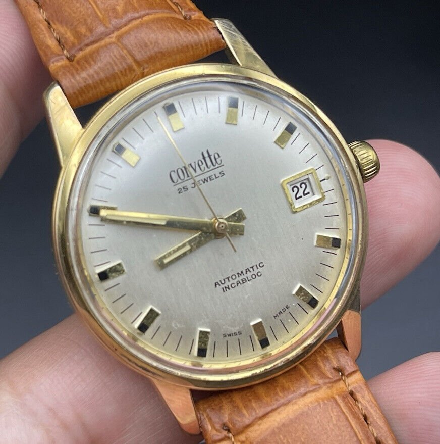 Vintage Corvette 34mm Slim Automatic Gents Watch, NOS, Swiss , ETA 2472 - Grab A Watch Co