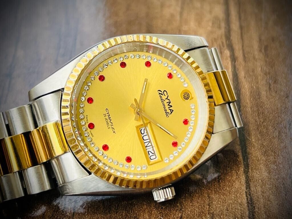 Vintage Cyma Cymaflex Ruby & Diamond Dial President Automatic Mens Watch, 36mm - Grab A Watch Co