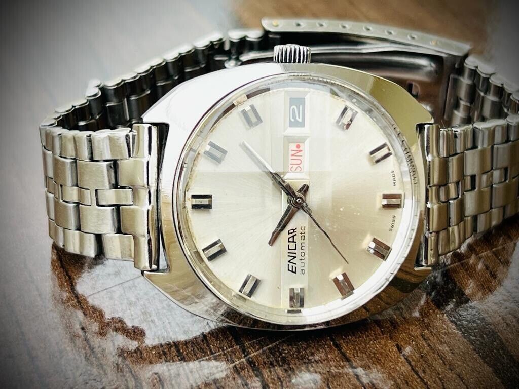 Vintage Enicar Automatic Day/Date Silver Dial Swiss Made NOS 35mm Gents Watch - Grab A Watch Co