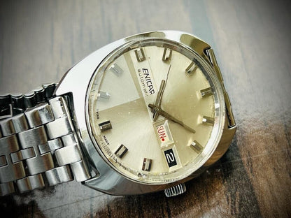 Vintage Enicar Automatic Day/Date Silver Dial Swiss Made NOS 35mm Gents Watch - Grab A Watch Co