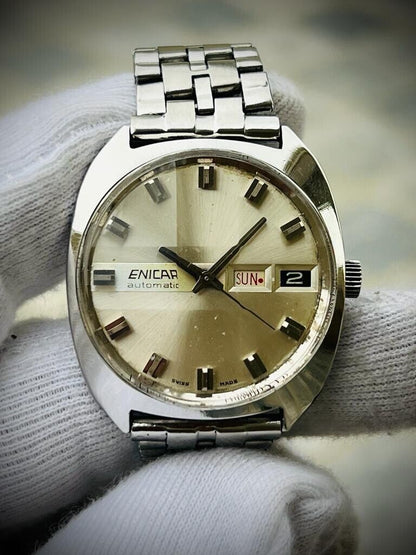 Vintage Enicar Automatic Day/Date Silver Dial Swiss Made NOS 35mm Gents Watch - Grab A Watch Co