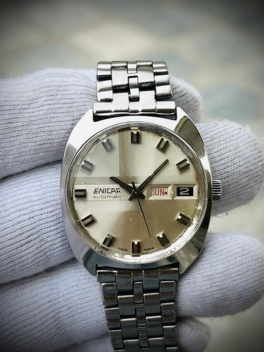 Vintage Enicar Automatic Day/Date Silver Dial Swiss Made NOS 35mm Gents Watch - Grab A Watch Co
