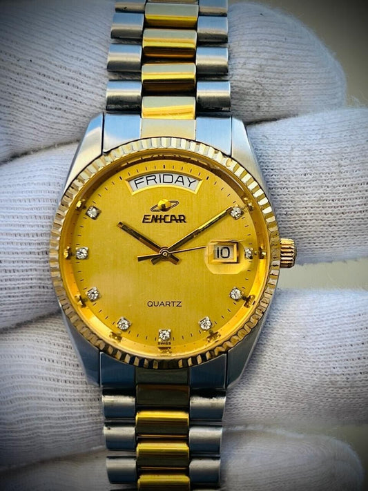 Vintage Enicar Quartz Day/Date Diamond Dial Swiss Made NOS 32mm Gents Watch Slim - Grab A Watch Co