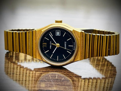 Vintage Felca NOS Quartz Black Dial All Gold Plated Ladies Watch Swiss 32768 HZ - Grab A Watch Co