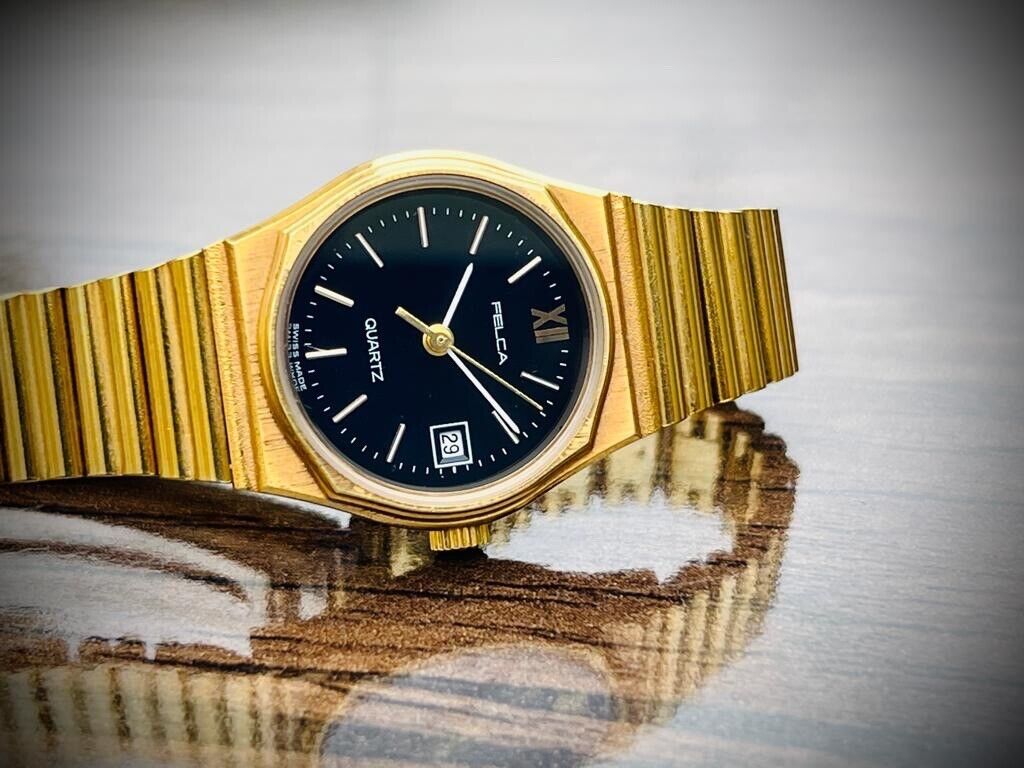 Vintage Felca NOS Quartz Black Dial All Gold Plated Ladies Watch Swiss 32768 HZ - Grab A Watch Co