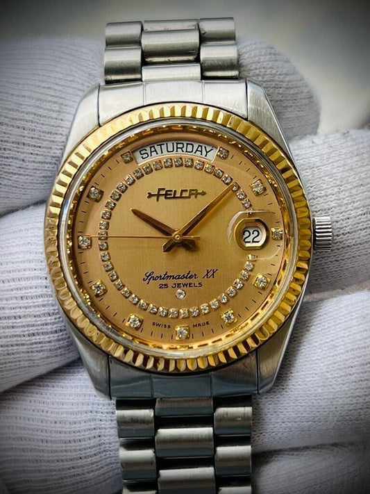 Vintage Felca Sportmaster XX President Diamond Dial Automatic 37mm Mens Watch - Grab A Watch Co