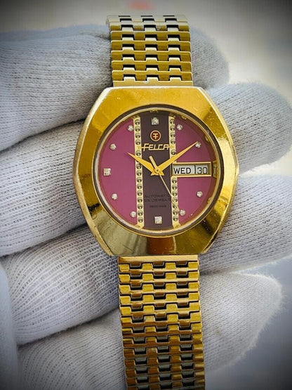 Vintage Felca Unique Pink Diamond Dial 25 Jewels Automatic Watch, Swiss Made - Grab A Watch Co