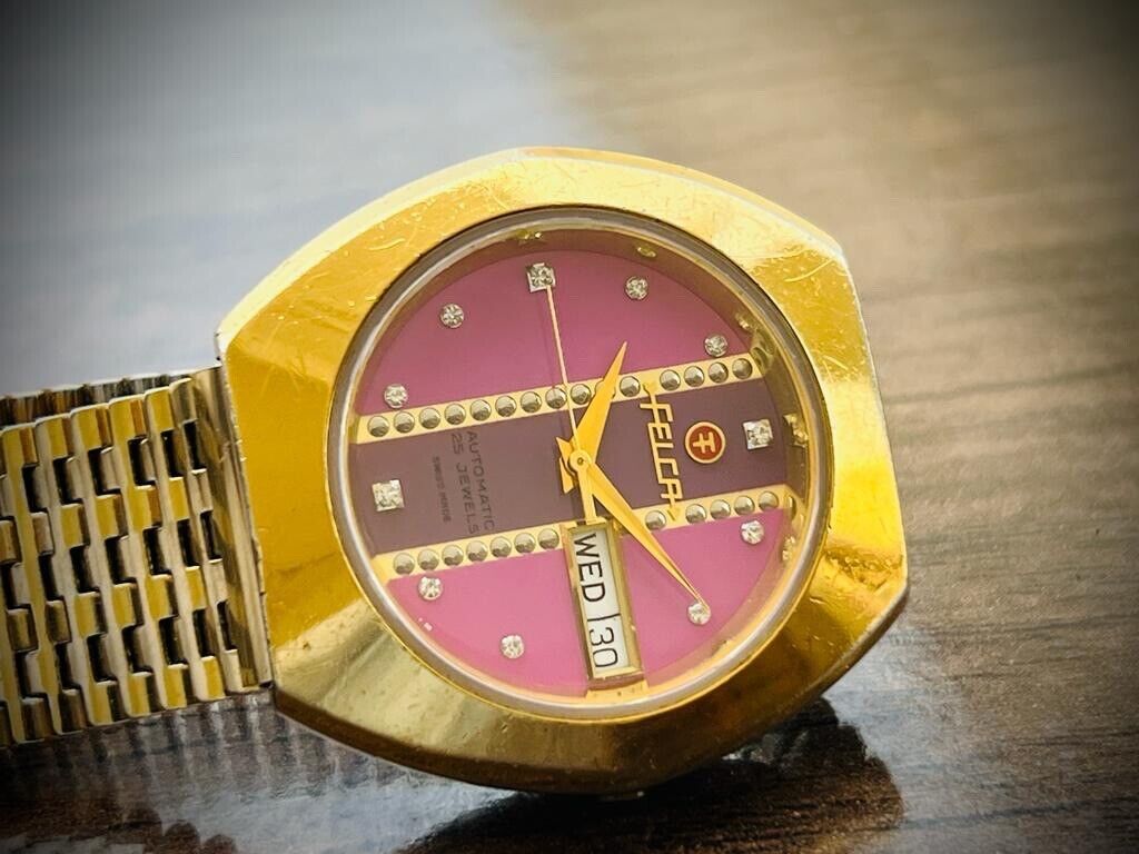 Vintage Felca Unique Pink Diamond Dial 25 Jewels Automatic Watch, Swiss Made - Grab A Watch Co