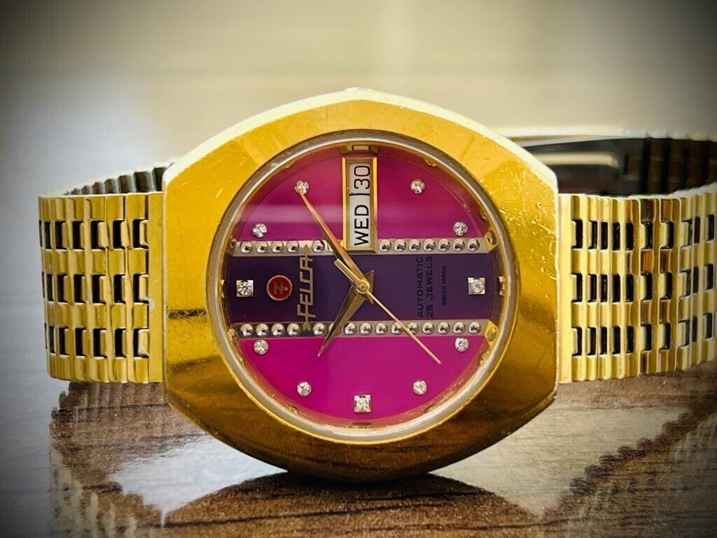 Vintage Felca Unique Pink Diamond Dial 25 Jewels Automatic Watch, Swiss Made - Grab A Watch Co