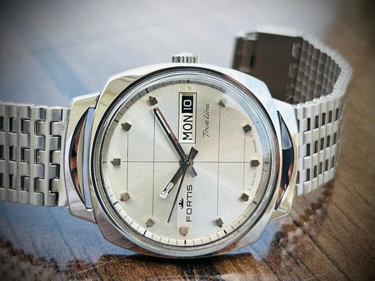 Vintage Fortis True Line Silver Dial 5mm Automatic Mens Watch, Swiss, Perfect - Grab A Watch Co