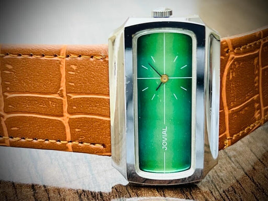 Vintage Jovail Emerald Green Dial Rectangle Manual Wind Watch, 41mm By 27mm - Grab A Watch Co