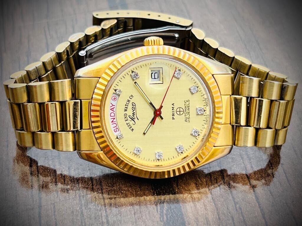 Vintage NOS West End Co President Diamond 37mm All Gold, Automatic Gents Watch - Grab A Watch Co
