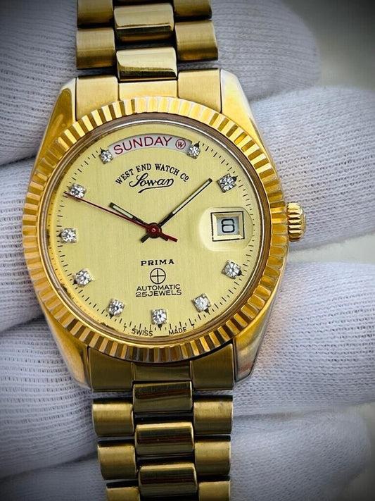 Vintage NOS West End Co President Diamond 37mm All Gold, Automatic Gents Watch - Grab A Watch Co