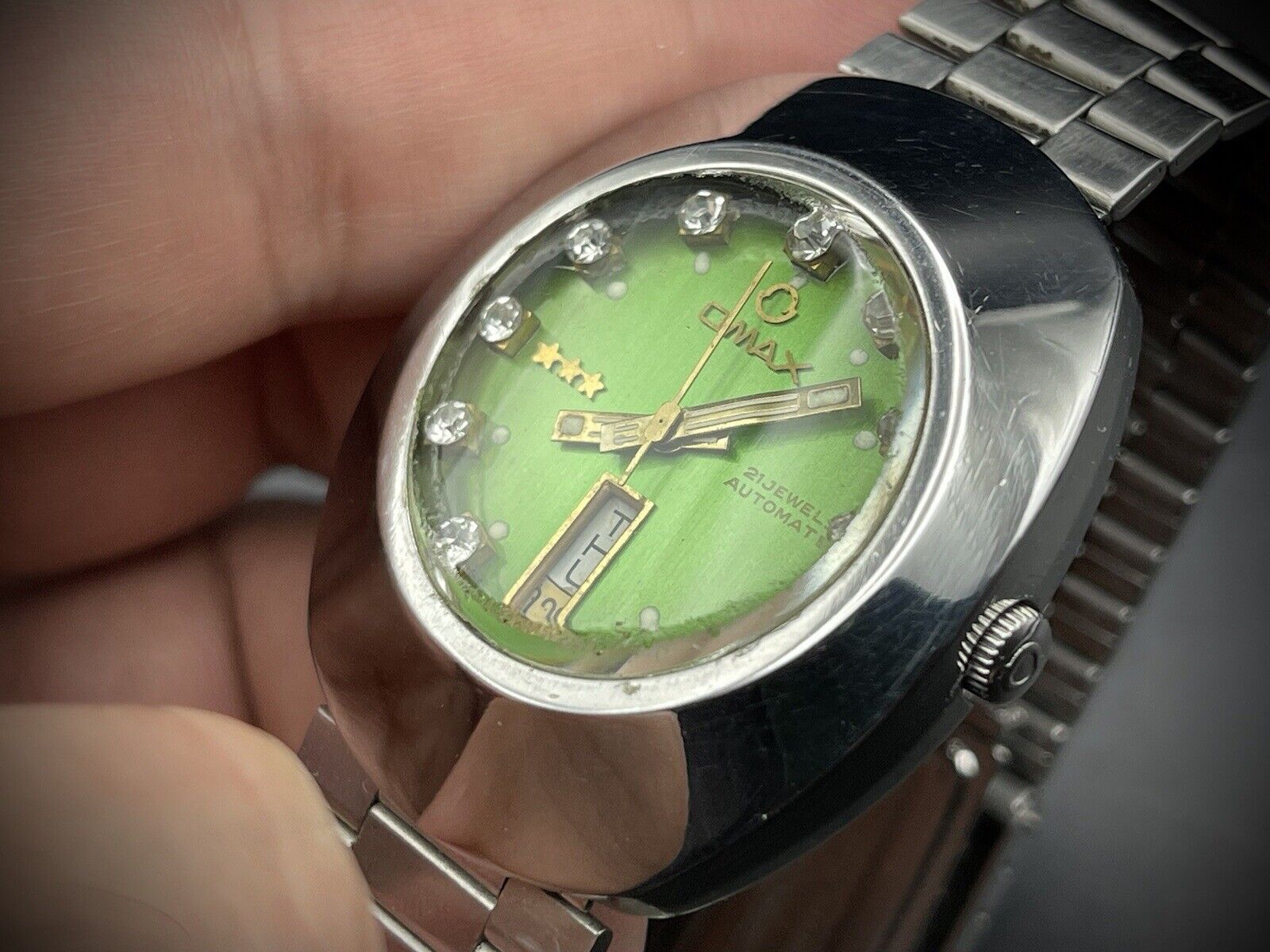 Vintage Omax 3 Star Automatic Green Diamind Dial Gents Watch, Gift, Swiss 36mm - Grab A Watch Co