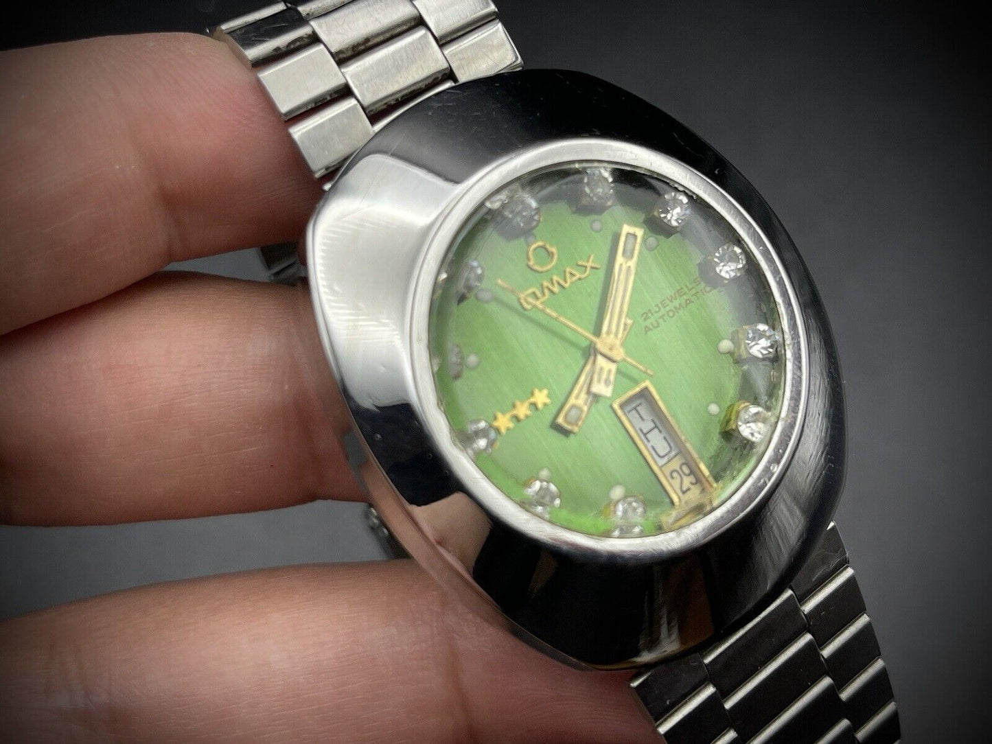 Vintage Omax 3 Star Automatic Green Diamind Dial Gents Watch, Gift, Swiss 36mm - Grab A Watch Co