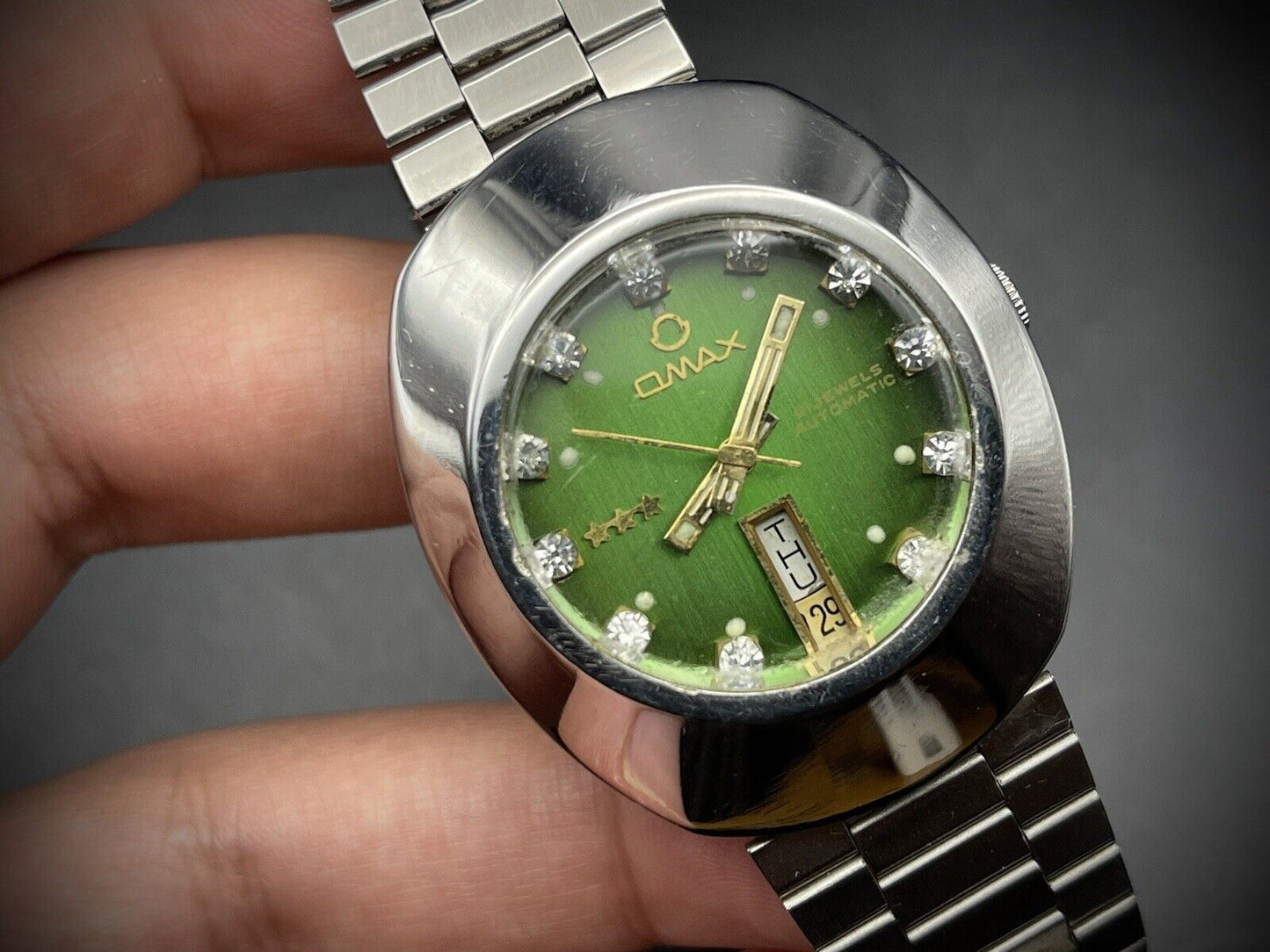 Vintage Omax 3 Star Automatic Green Diamind Dial Gents Watch, Gift, Swiss 36mm - Grab A Watch Co