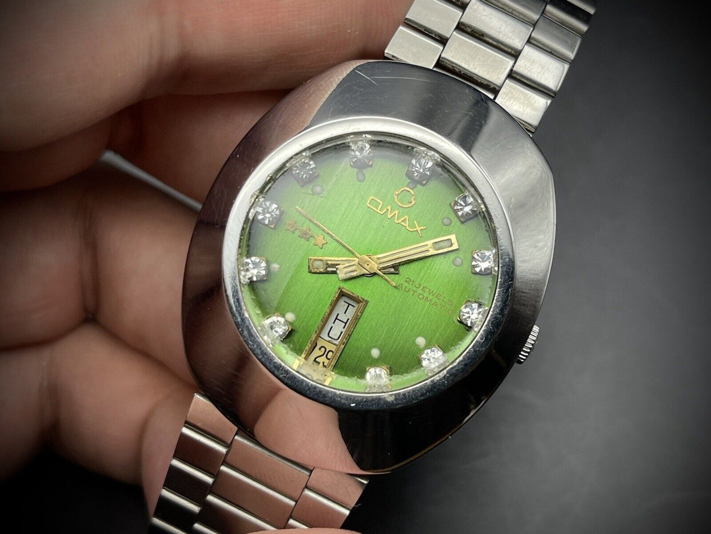 Vintage Omax 3 Star Automatic Green Diamind Dial Gents Watch, Gift, Swiss 36mm - Grab A Watch Co