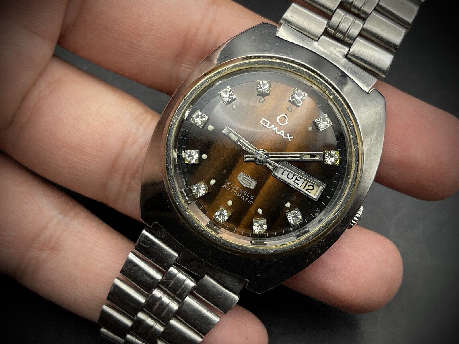 Vintage Omax 5 Automatic Brown Diamind Dial Gents Watch, Gift, Swiss 38mm - Grab A Watch Co