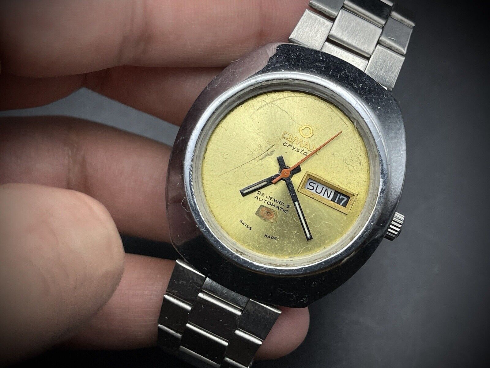 Vintage Omax 9 Crystal Automatic Gold Dial Gents Watch, Swiss 38mm, Spare Repair - Grab A Watch Co