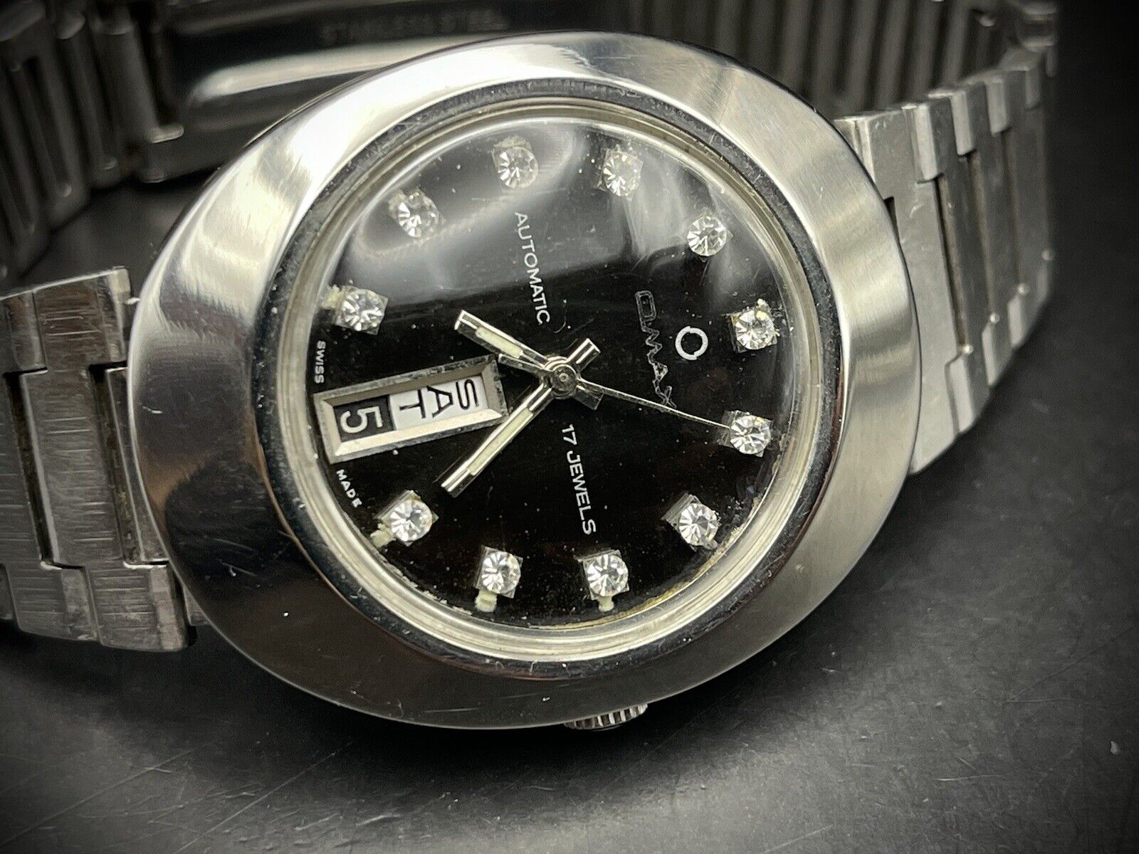 Vintage Omax Automatic Black Diamond Dial 36mm Gents Watch, Swiss Made - Grab A Watch Co