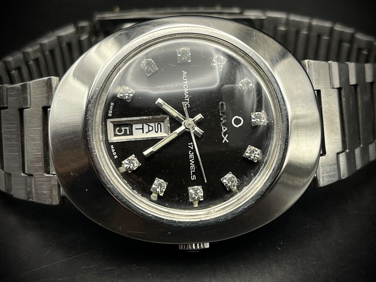 Vintage Omax Automatic Black Diamond Dial 36mm Gents Watch, Swiss Made - Grab A Watch Co