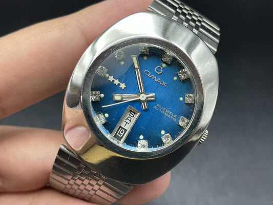 Vintage Omax Crystal 25 Jewels Automatic Blue Diamond Dial 36mm Mens Watch - Grab A Watch Co